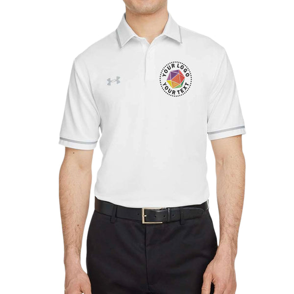 White polo shirt with colorful logo and Under Armour logo on a white background