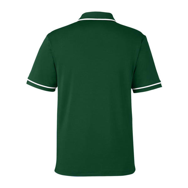 Green polo shirt with white trim on a white background