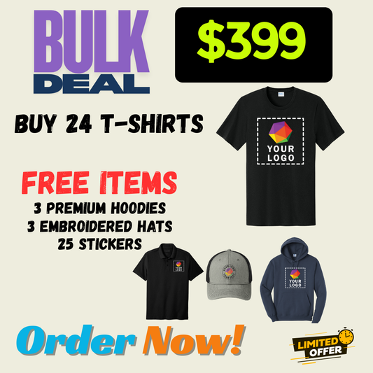 FREE DEAL | BUY 24 -TSHIRTS | GET 3 PREMIUM HOODIES FREE | GET 3 EMBROIDERED HATS FREE | GET 25 STICKERS | $399 ONLY