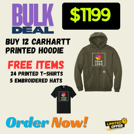 FREE DEAL | BUY 12 CARHARTT HOODIES | GET 24 CUSTOM PRINTED T-SHIRTS FREE | GET 5 EMBROIDERED HATS FREE | $1199 ONLY