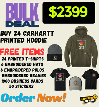 FREE DEAL | BUY 24 CARHARTT HOODIES | GET 24 CUSTOM PRINTED T-SHIRTS FREE | GET 6 EMBROIDERED HATS FREE | GET 6 EMBROIDERED POLOS FREE | GET 6 EMBROIDERED BEANIES FREE | 1000 FREE BUSINESS CARDS | GET 50 STICKERS | $2399 ONLY