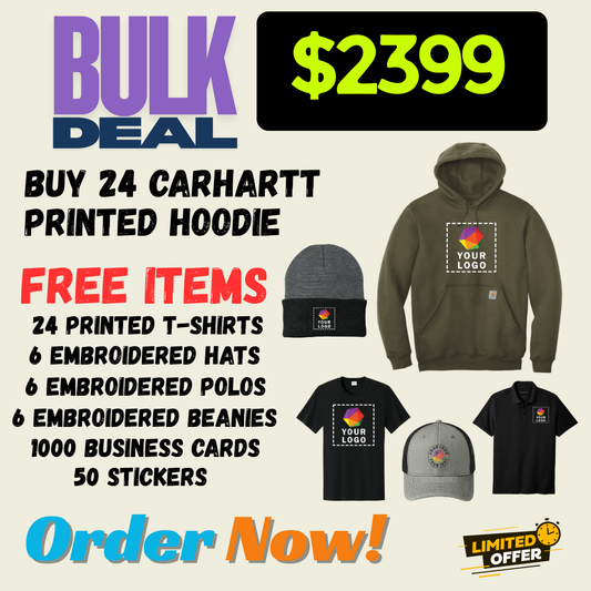 FREE DEAL | BUY 24 CARHARTT HOODIES | GET 24 CUSTOM PRINTED T-SHIRTS FREE | GET 6 EMBROIDERED HATS FREE | GET 6 EMBROIDERED POLOS FREE | GET 6 EMBROIDERED BEANIES FREE | 1000 FREE BUSINESS CARDS | GET 50 STICKERS | $2399 ONLY