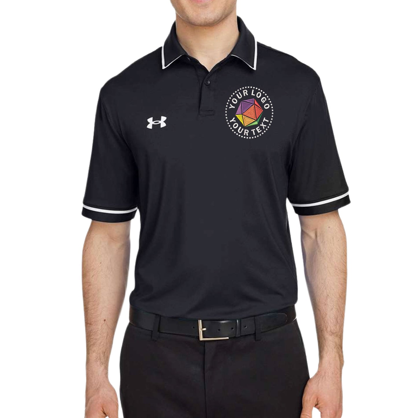 Black polo shirt with a logo and text on a white background