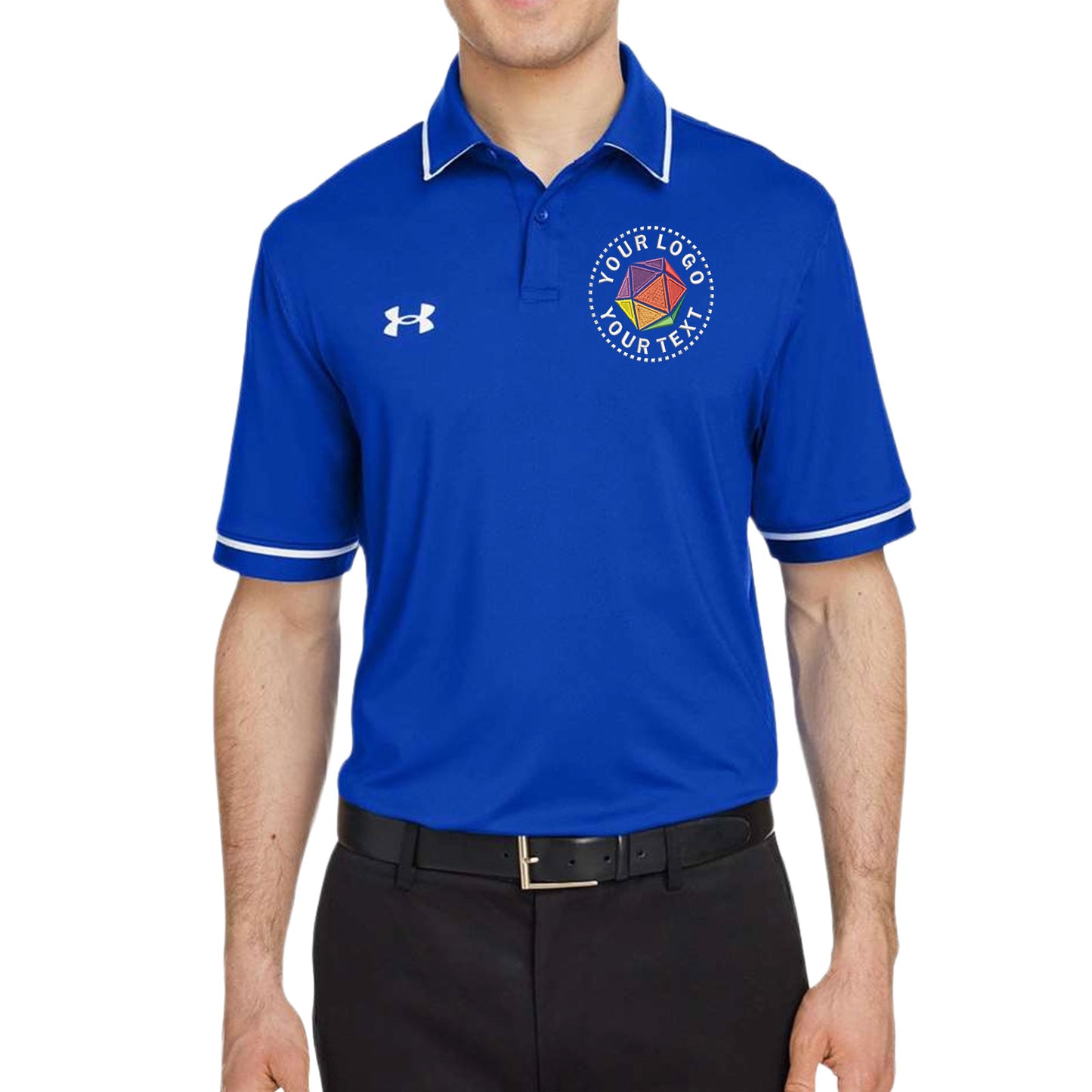 Blue polo shirt with a logo on a white background