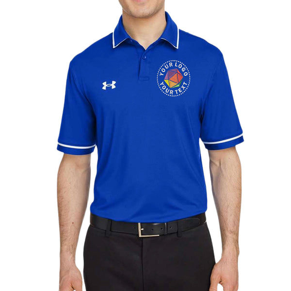 Blue polo shirt with a logo on a white background