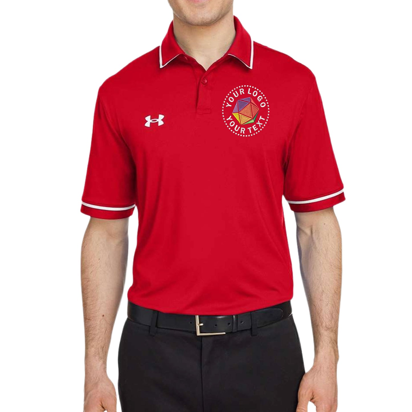 Red polo shirt with a logo and text on a white background