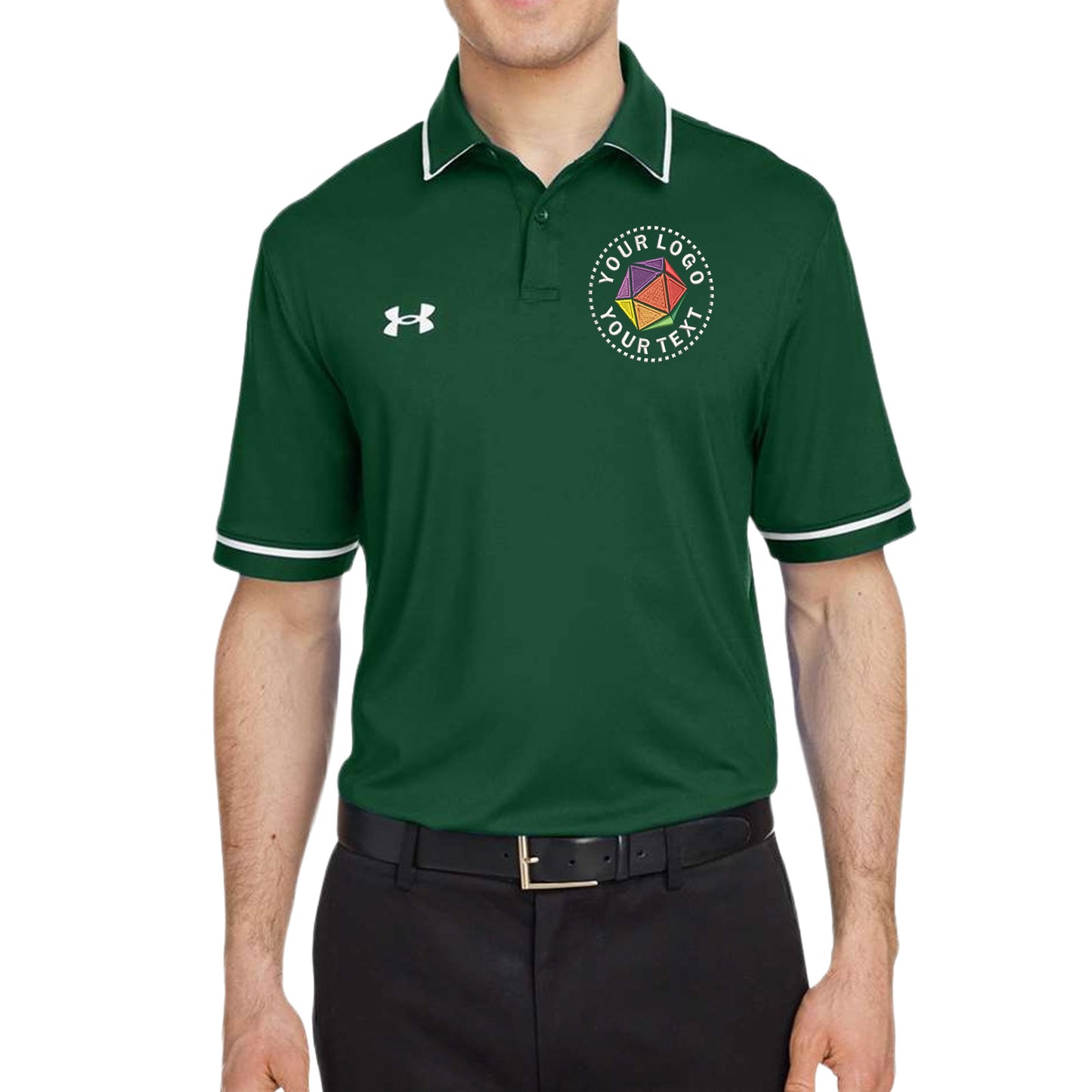Green polo shirt with a logo and text on a white background