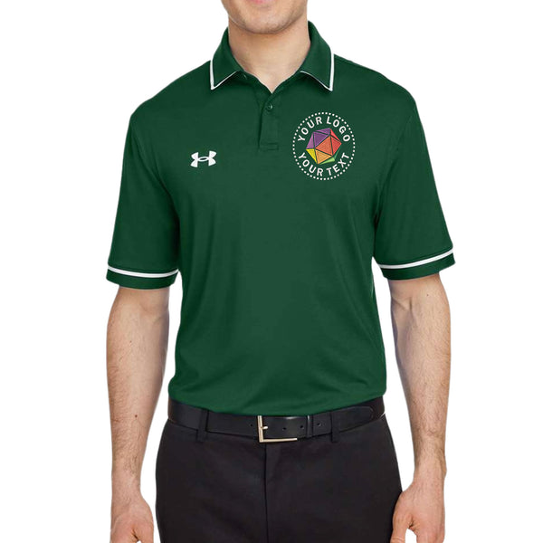 Green polo shirt with a logo and text on a white background