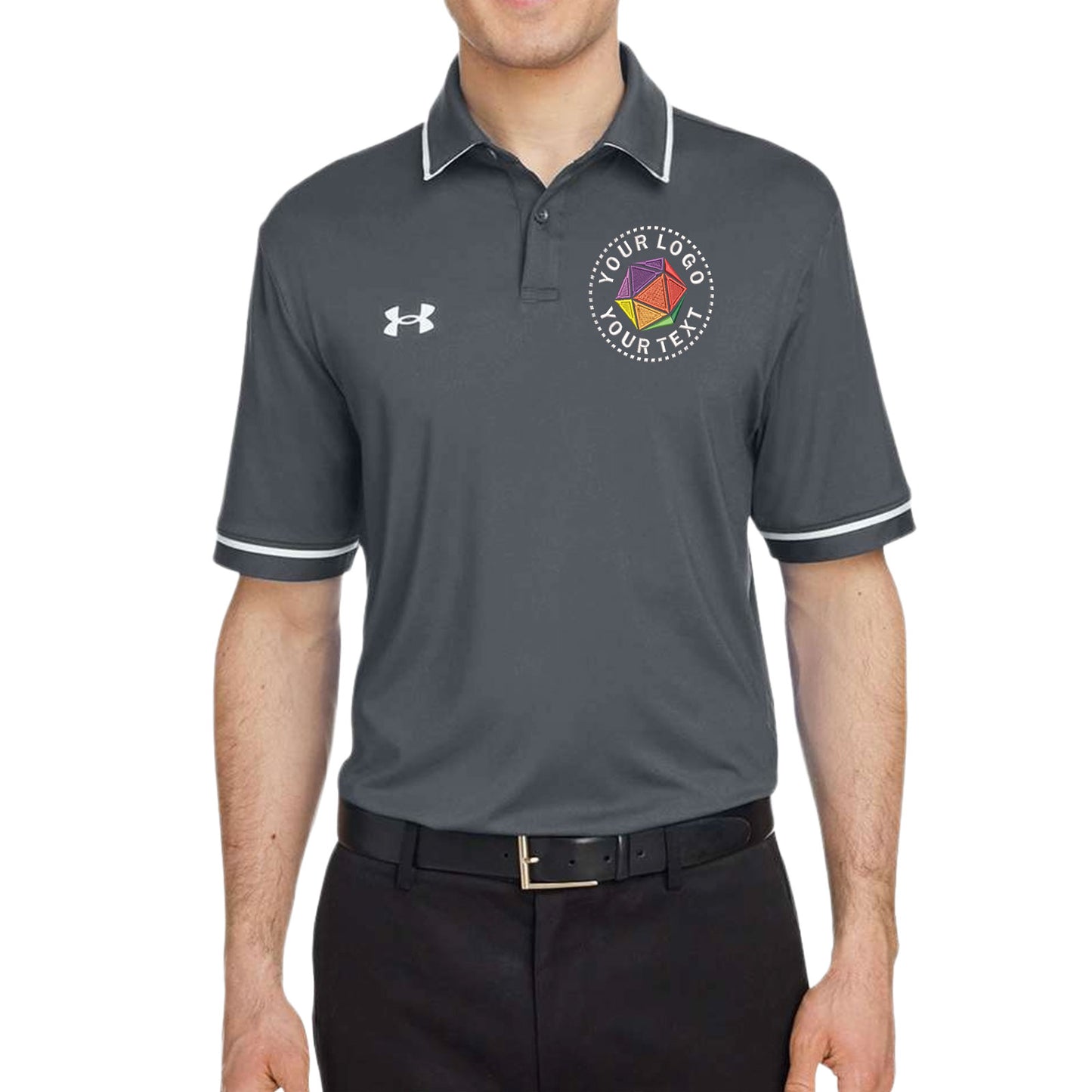 Gray polo shirt with a colorful logo and Under Armour branding on a white background