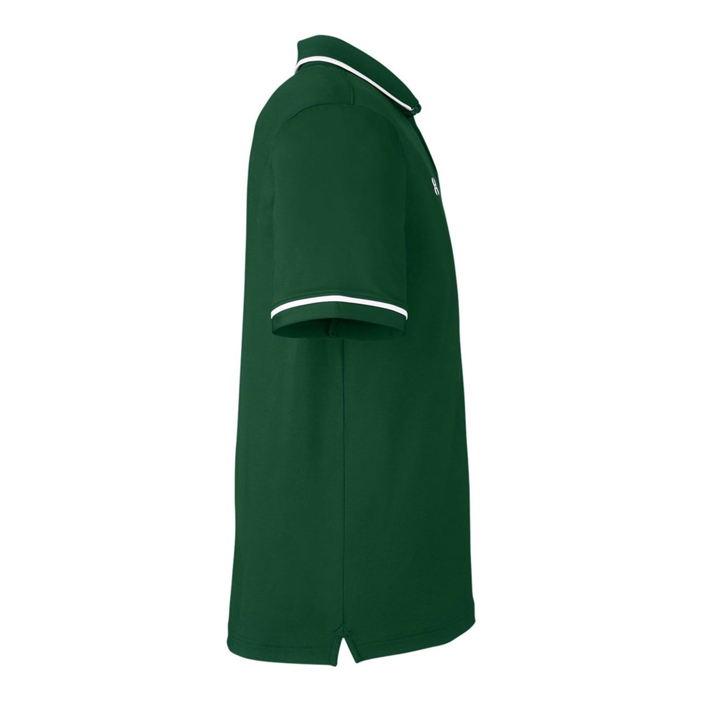 Green polo shirt with white trim on a white background